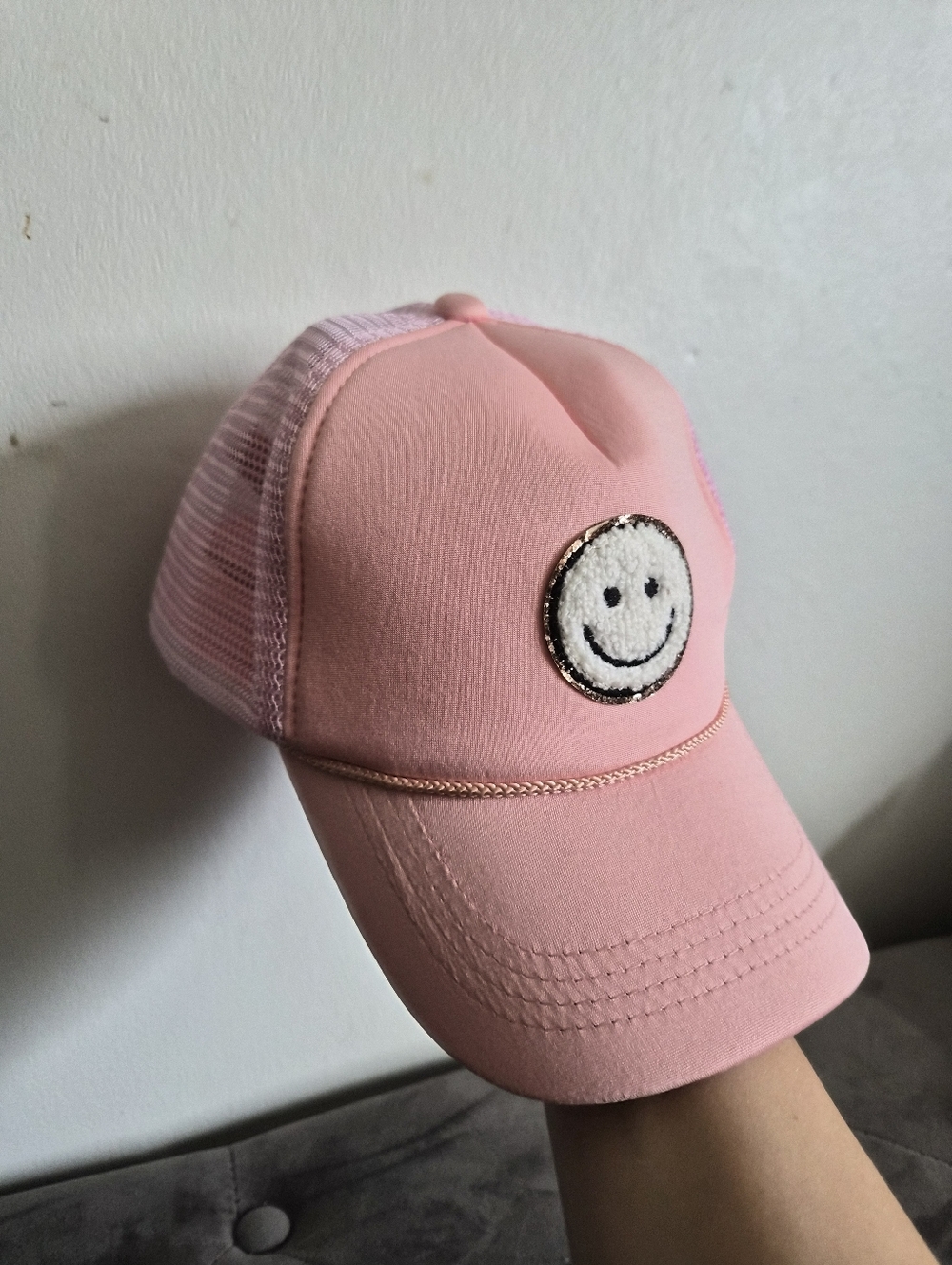 Pink Trucker Hat with Smiley Patch